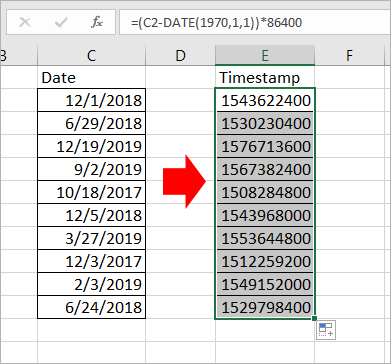 unix date conversion excel formula